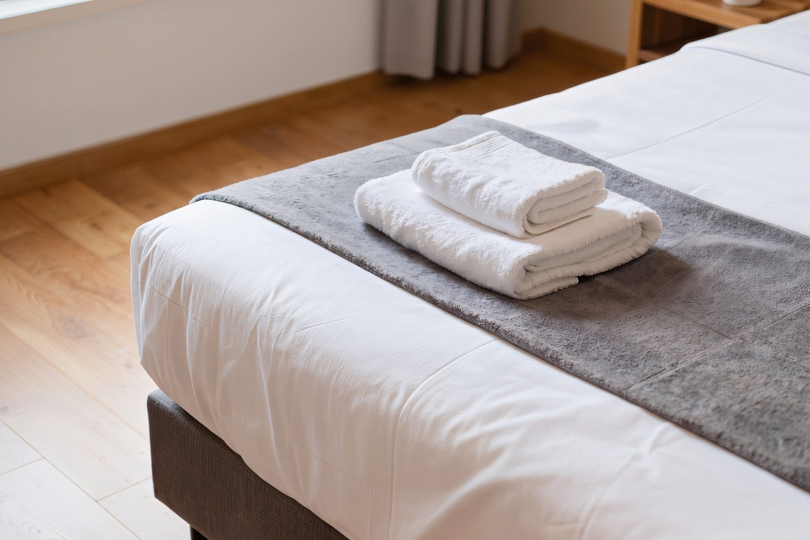 Freshly made bed with towels laid out for a guest